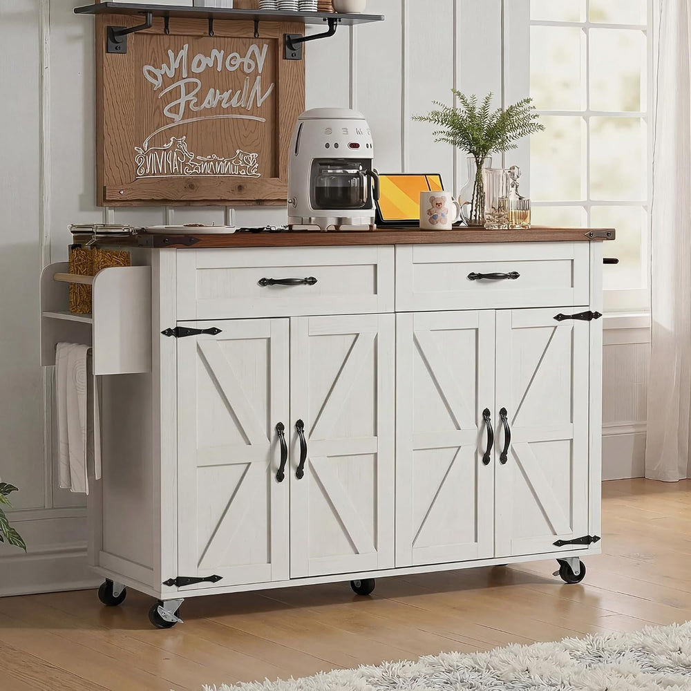 53 in Rolling Kitchen Island Cart with Storage & Power Outlet, Retro White