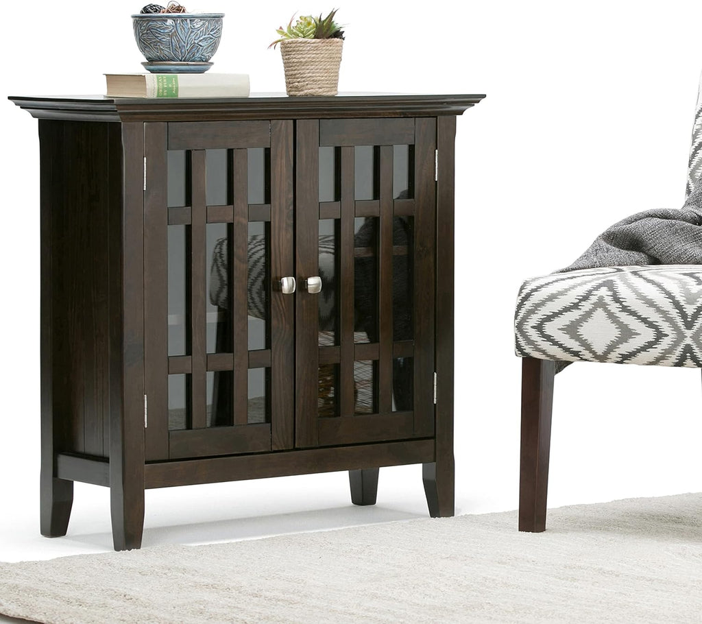 SIMPLIHOME Bedford 32" Wide Solid Wood Cabinet in Brunette Brown