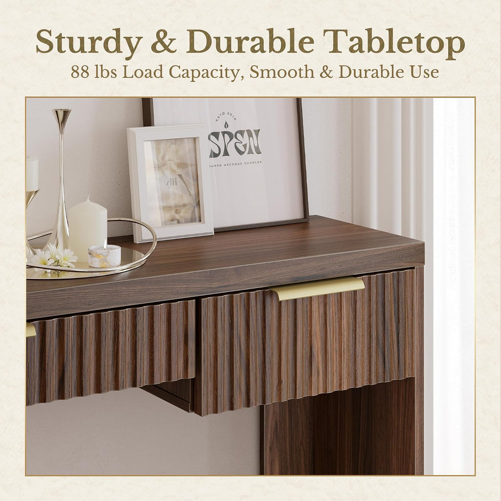 Entryway Console Sofa Table with 3 Drawers, Black Walnut | Fluted Entryway Table with Open Storage Shelf, Narrow Long Behind Couch Sofa Table for Living Room