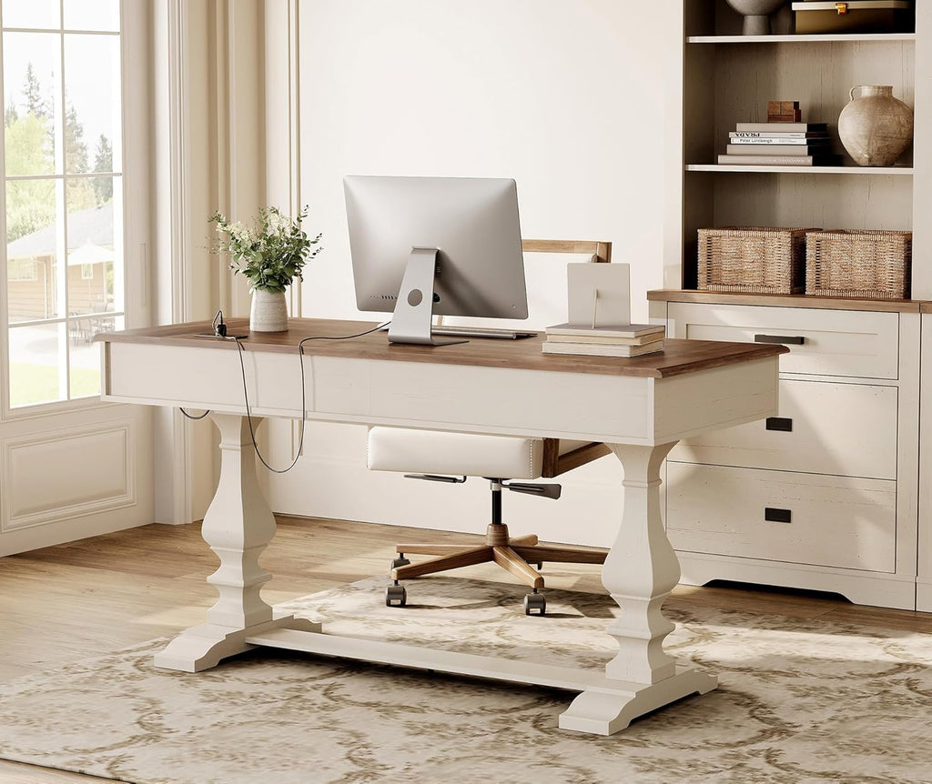 WAMPAT 60-inch Vintage Farmhouse Desk with Charging Station & Deep Drawers