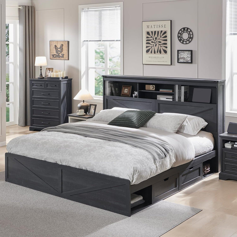ACCOHOHO Farmhouse King Size Bed Frame with 52" High Storage Bookcase He...