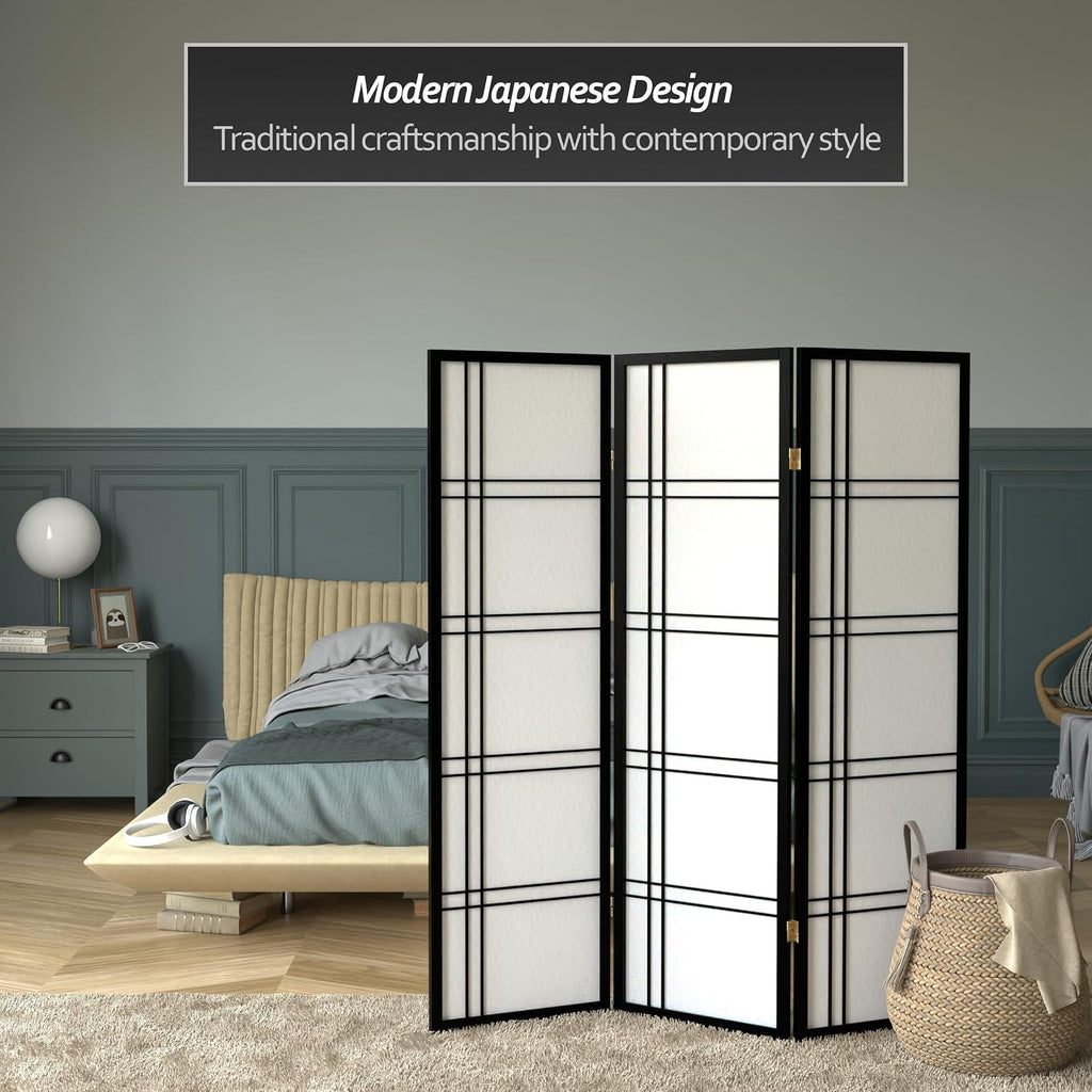 Red Lantern 5 ft. Tall Double Cross Shoji Screen - Black - 3 Panels