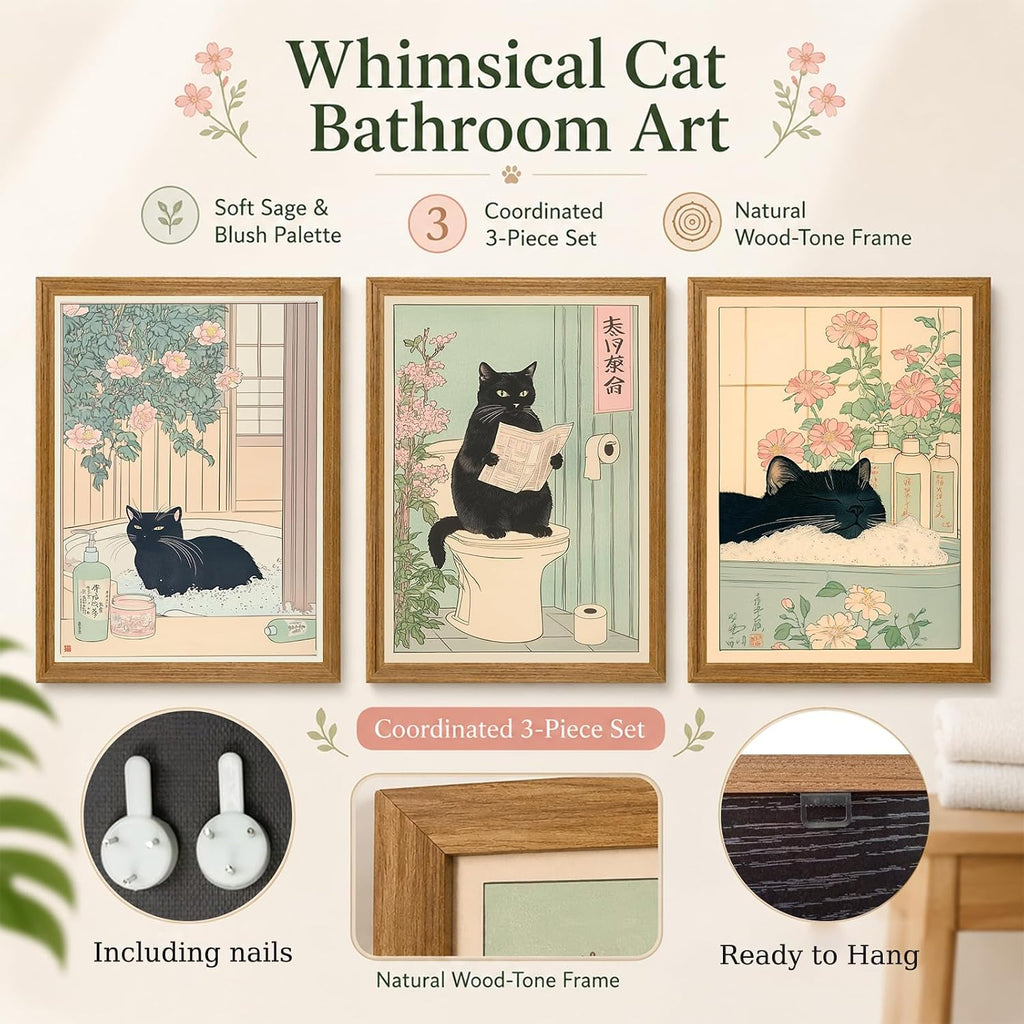 KISSFOX Framed Japanese Bathroom Wall Art Funny Cat Spa Pictures Wall Decor
