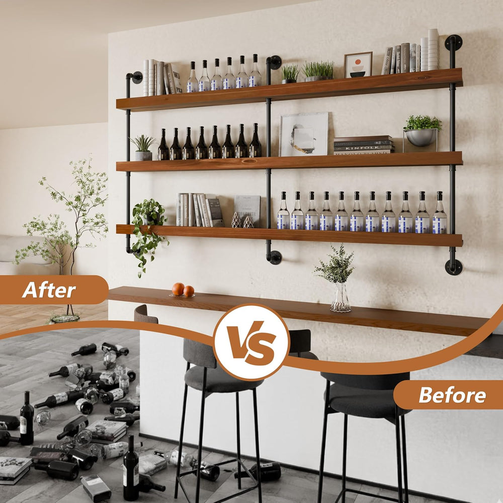 Bar Shelves, Wall Mounted Wine Rack, Walnut Brown, 72 Inch