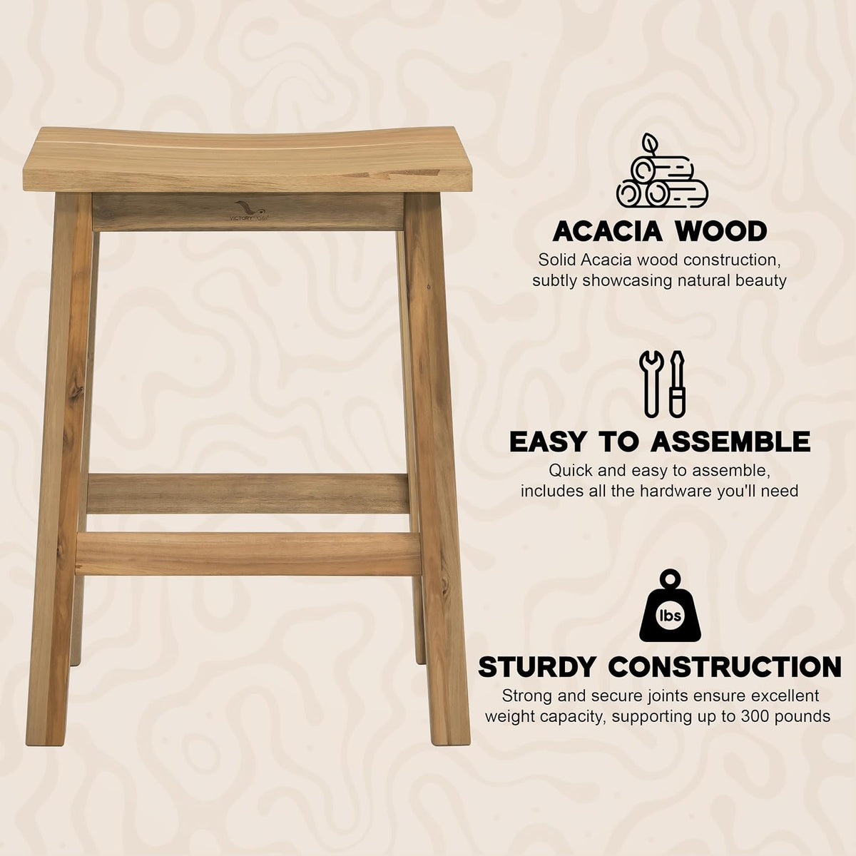 VICTORY RELAX Wooden Counter Stool - Set of 2 Backless Design with Ergonomic Saddle Seat - Light Natural Acacia Wood Kitchen & Bar Stool - Space-Saving Seating & Decor, 24 Inch Height