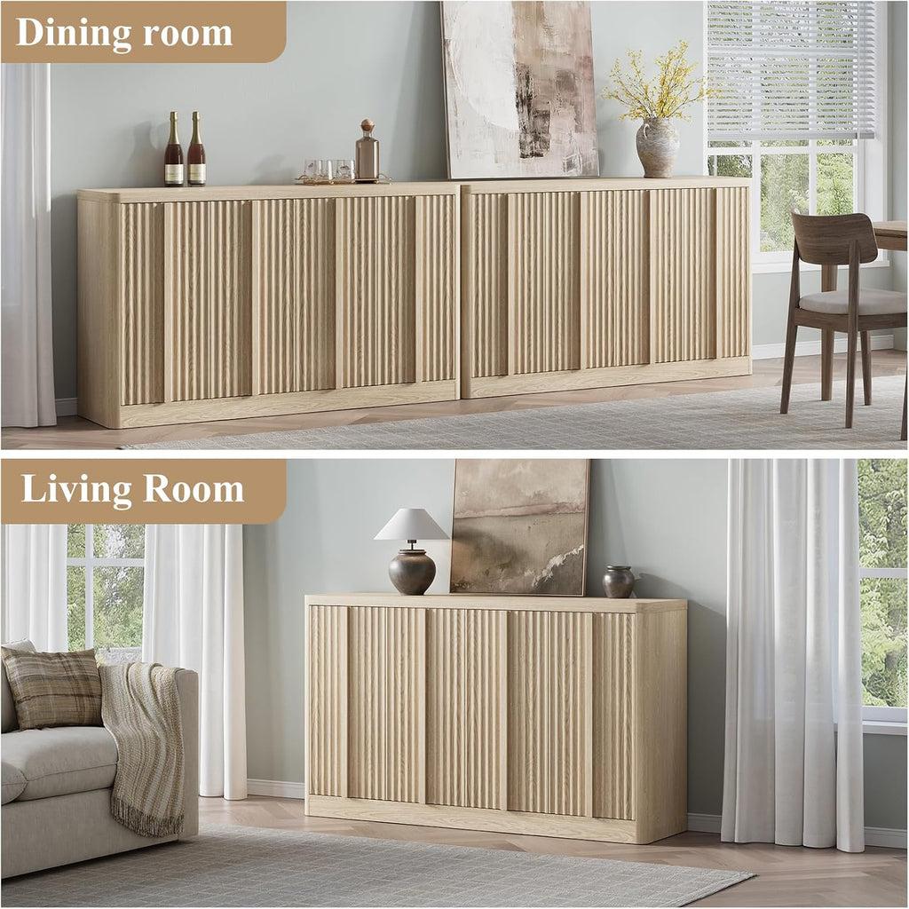 Fluted Buffet Cabinet with Storage, 60" Sideboard Buffet Storage Cabinet with 4 Doors & Adjustable Shelves, Wood Coffee Bar Credenza Storage Cabinet for Kitchen, Living Room, Natural Oak(1PCS)