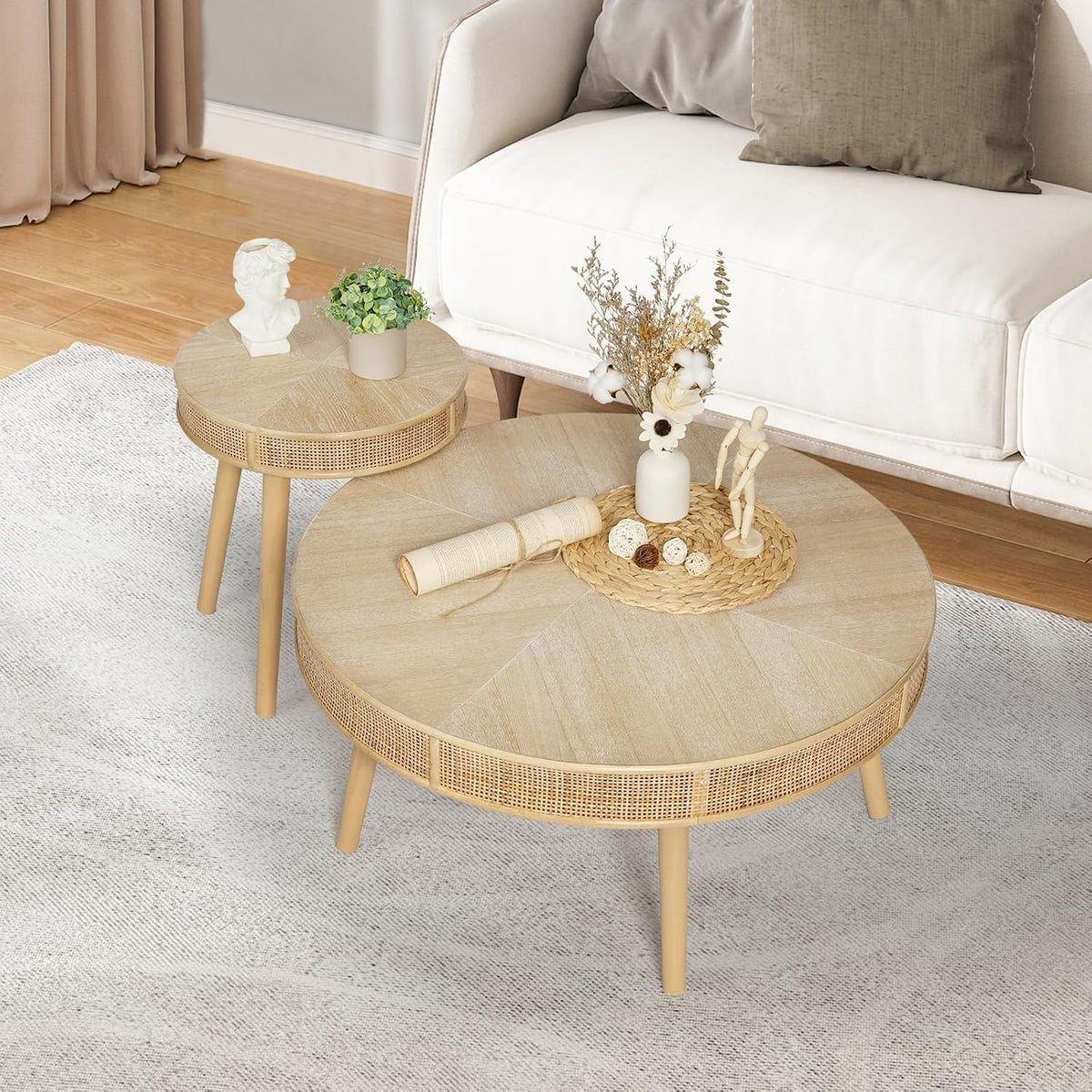 Wnutrees Farmhouse Round Coffee Table, Rustic Sofa Side Tea Set, Natural | 2 Pack Nesting Center Unit with Handmade Rattan, Living Room French Country Decor