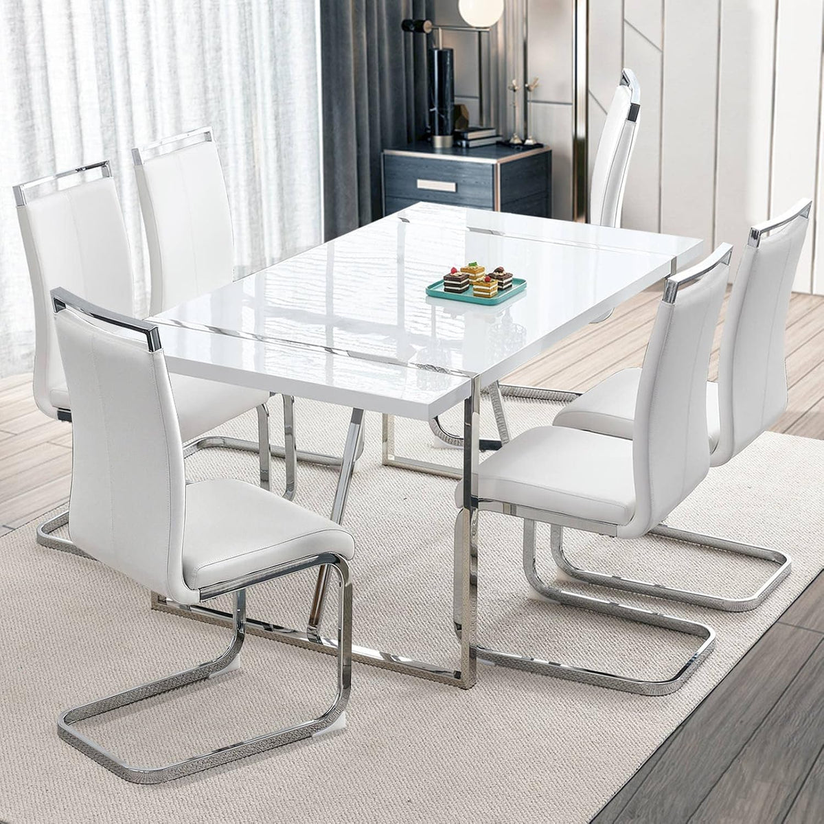 Ebullient Dining Table Set for 6，White Rectangular MDF Kitchen Table and Leather Dining Chairs Set of 6, 7 Piece Dining Table Set，Modern Dining Room Table Set 6 with Metal Frame for Kitchen