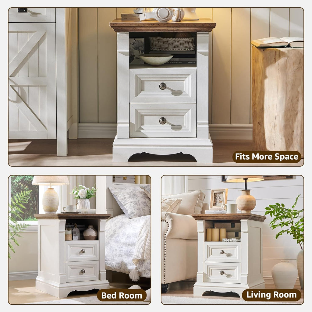 Farmhouse Nightstand with Charging Station 18"Wood End Table w/Roman Column