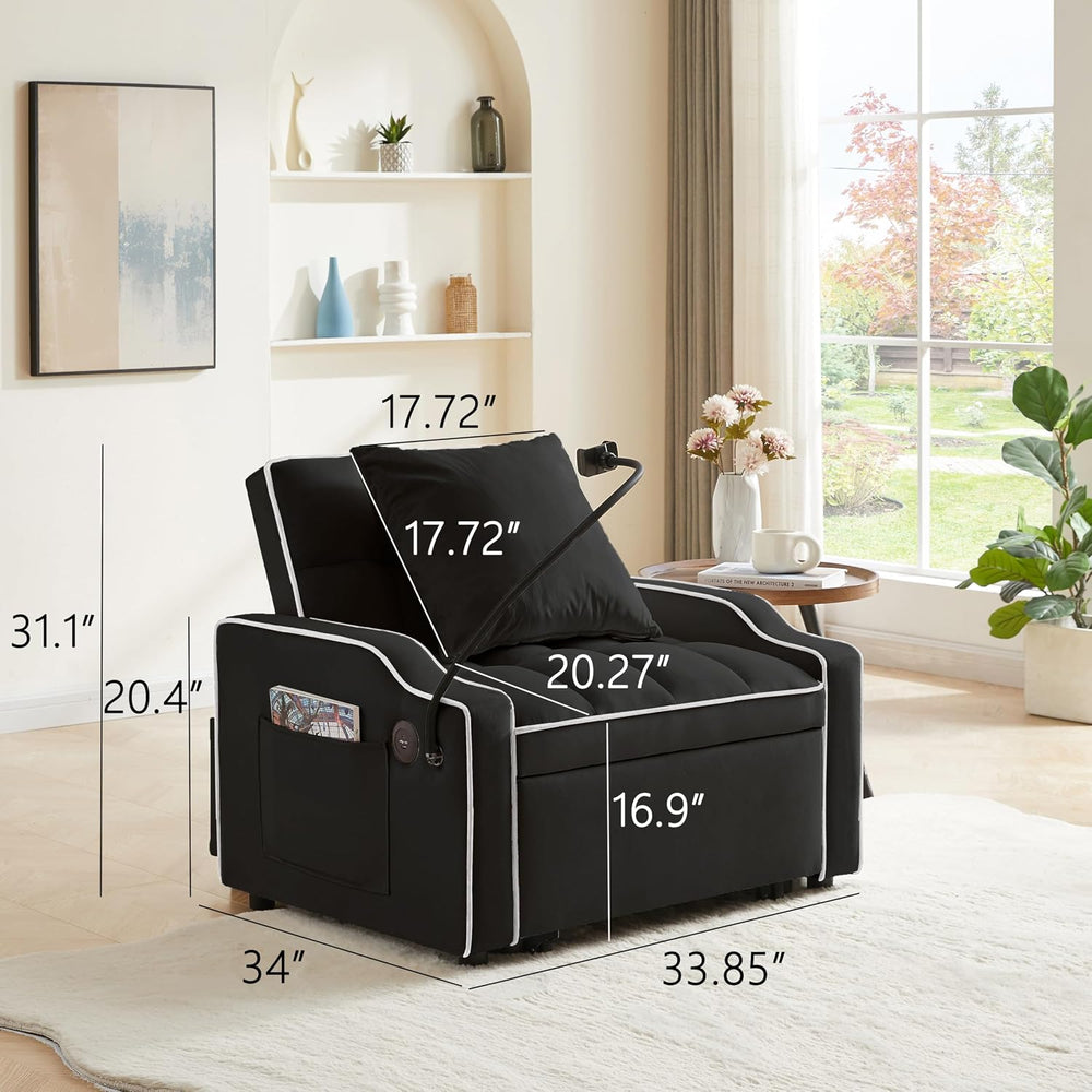 Single Sleeper Chair with USB Port, 3 In1 Pull Out Sofa Bed, Black