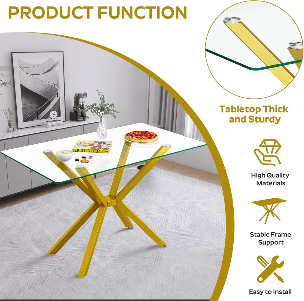 5-Piece 47" Dining Table with 4 PU Leather Chairs, Modern Dining Table Set for 4, Rectangle Kitchen Table with Golden Metal Legs for Dining Room, Kitchen(White)