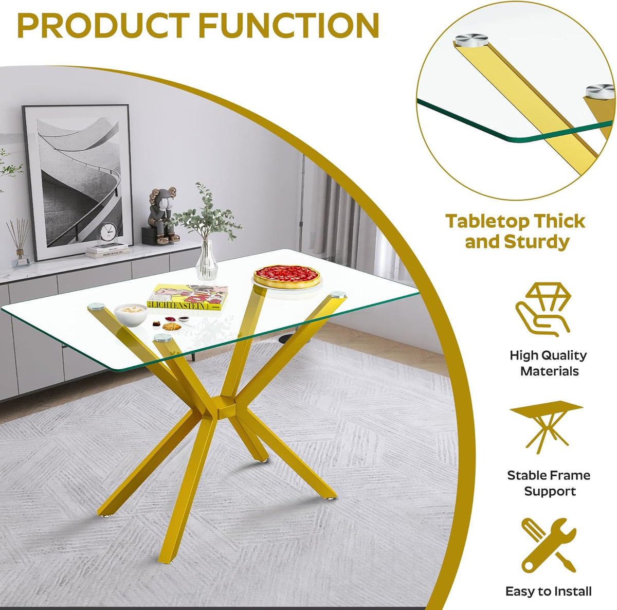5-Piece 47" Dining Table with 4 PU Leather Chairs, Modern Dining Table Set for 4, Rectangle Kitchen Table with Golden Metal Legs for Dining Room, Kitchen(White)