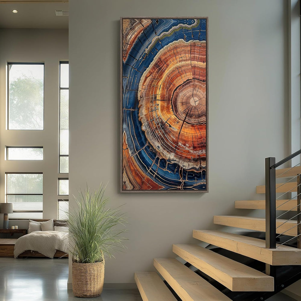 Framed Vertical Vintage Rustic Tree Ring Wall Art for Living Room, 20x40 In