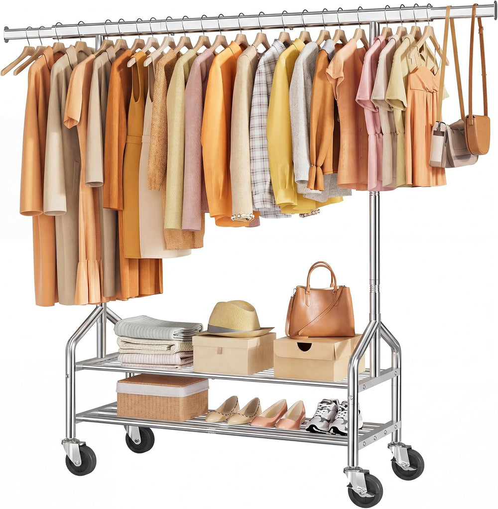 Tajsoon Clothes Rack with 2 Shelves, Heavy Duty Load 350 LBS, Chrome