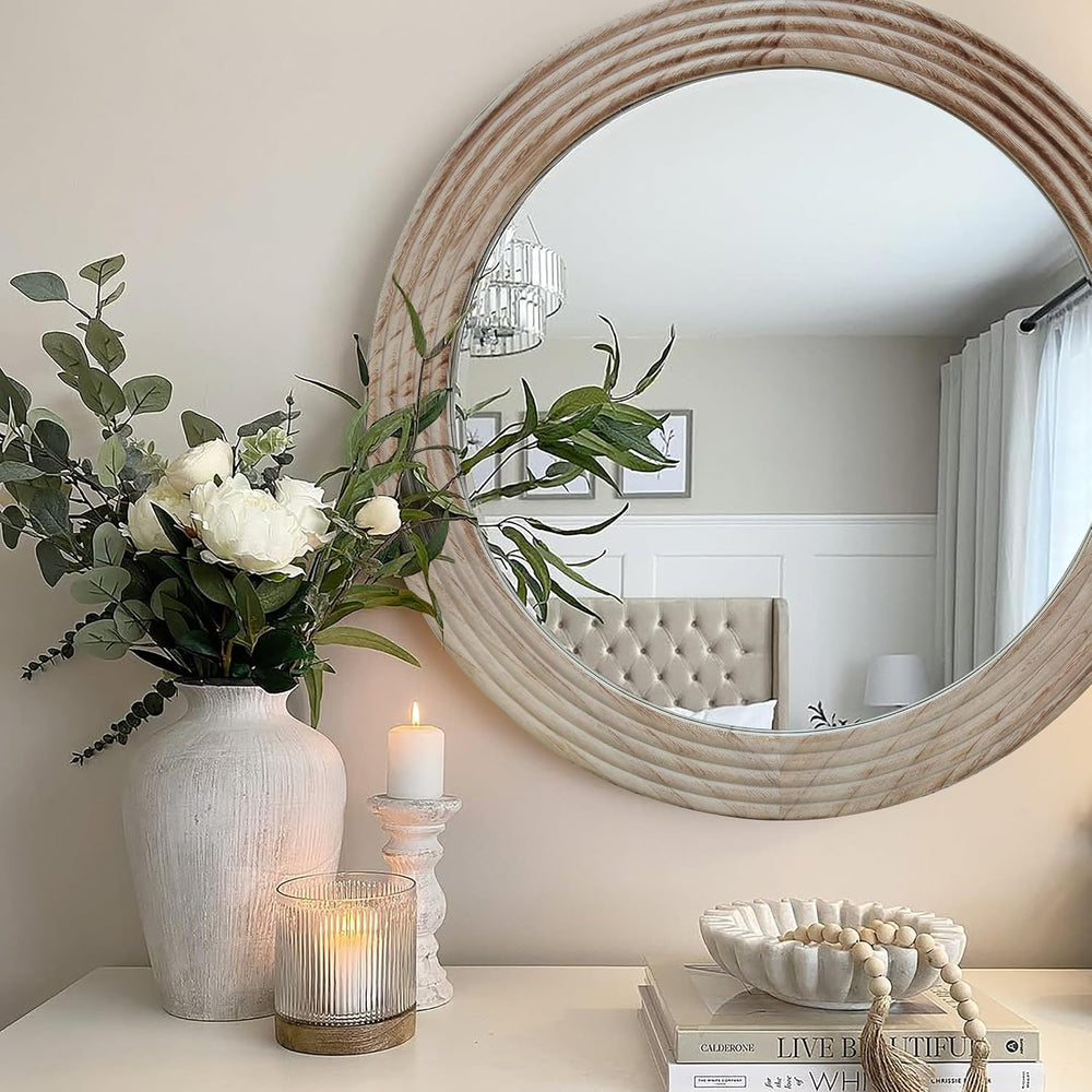 LOSOUR Round Mirror, Farmhouse Decor Solid Wood Frame Wall Circle Mirror, Dec...