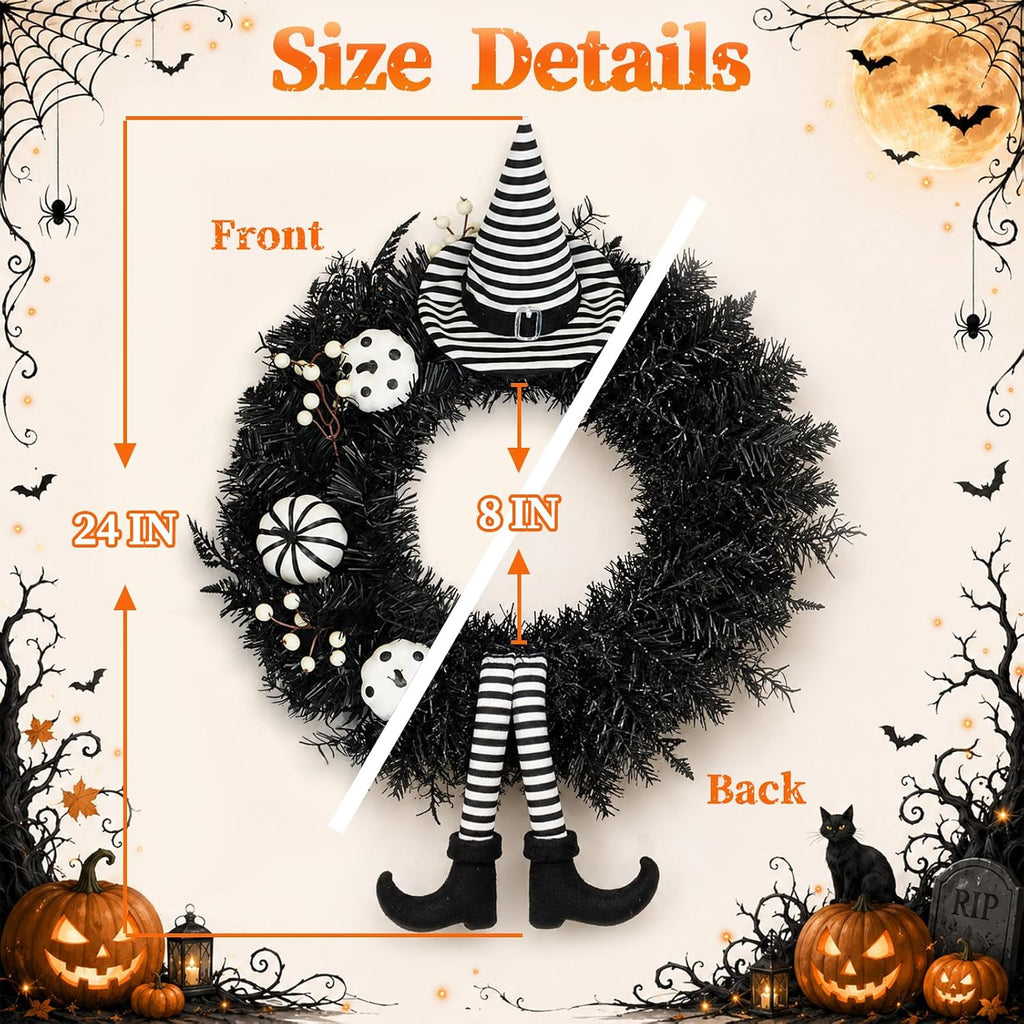 Yangrass 24" Spooky Halloween Wreath for Front Door with Witch Hat & Legs