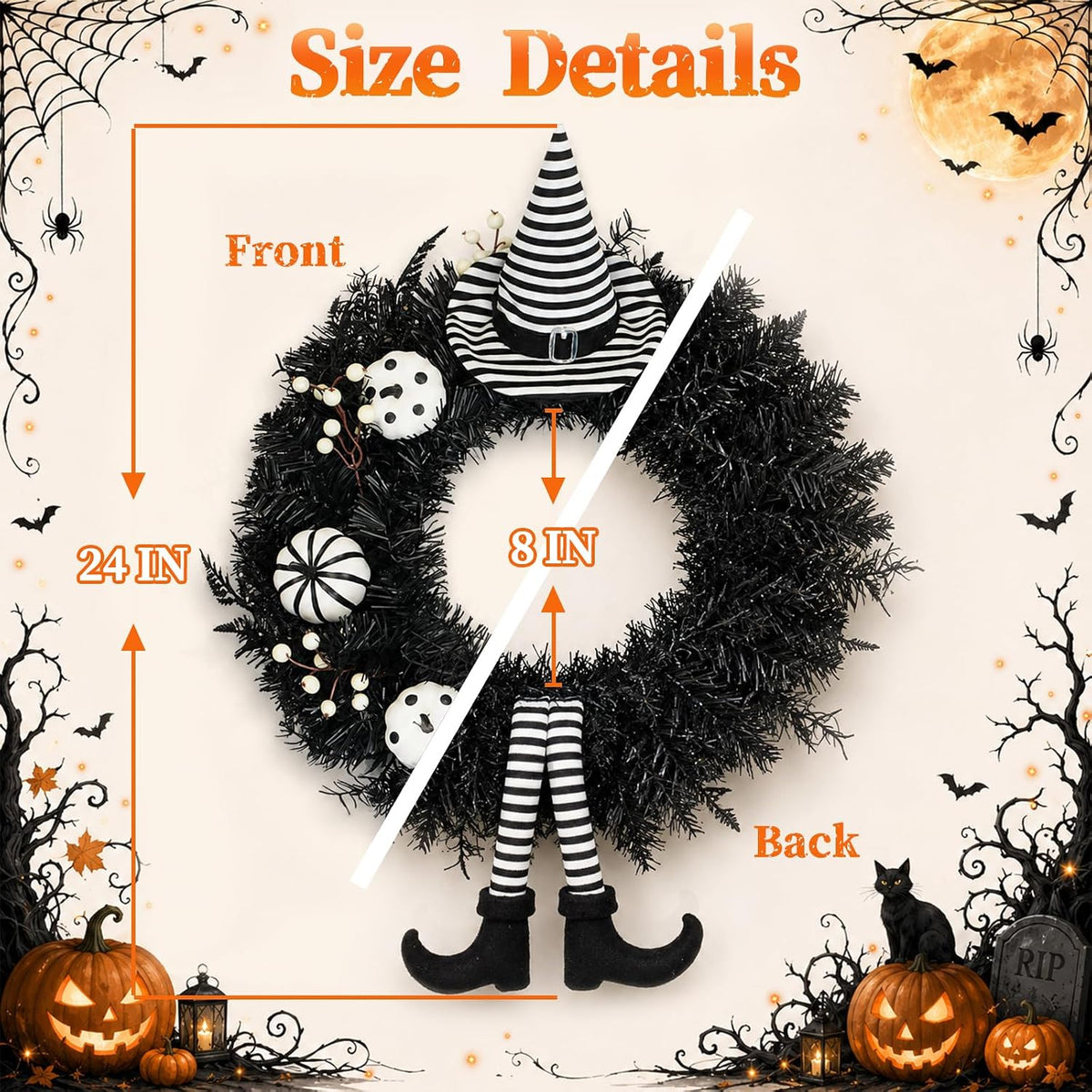 Yangrass 24" Spooky Halloween Wreath for Front Door with Witch Hat & Legs