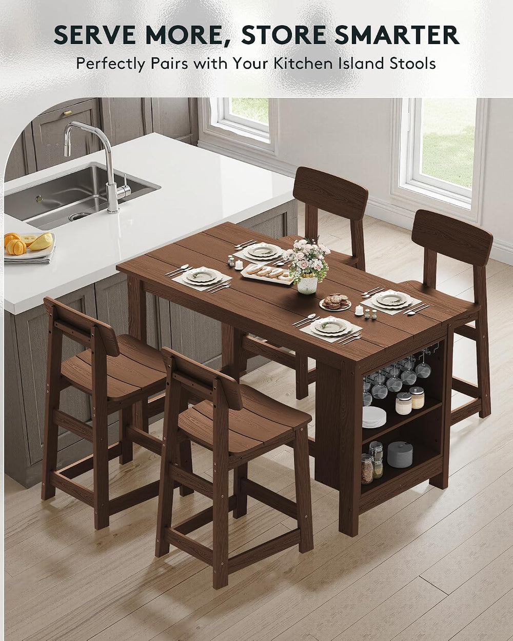 SERWALL Outdoor HDPE Counter-Height Bar Stools Set of 2, Brown