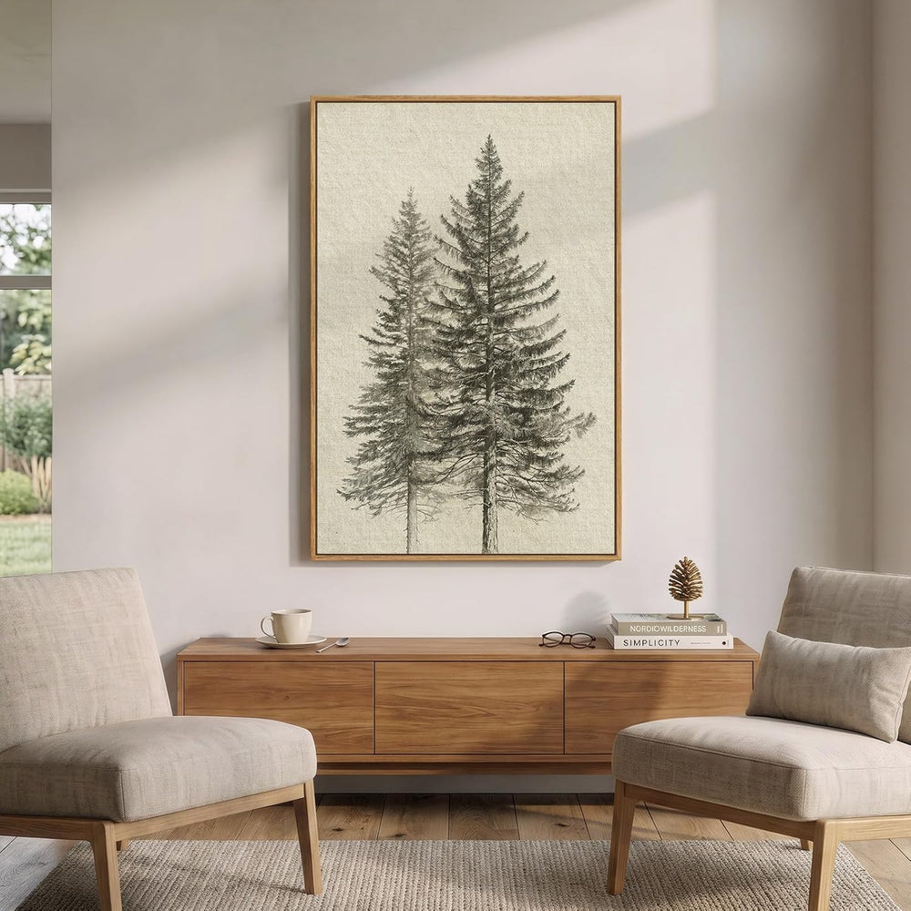 Framed Vintage Rustic Vertical Pine Tree Wall Art for Living Room, 24x36 In