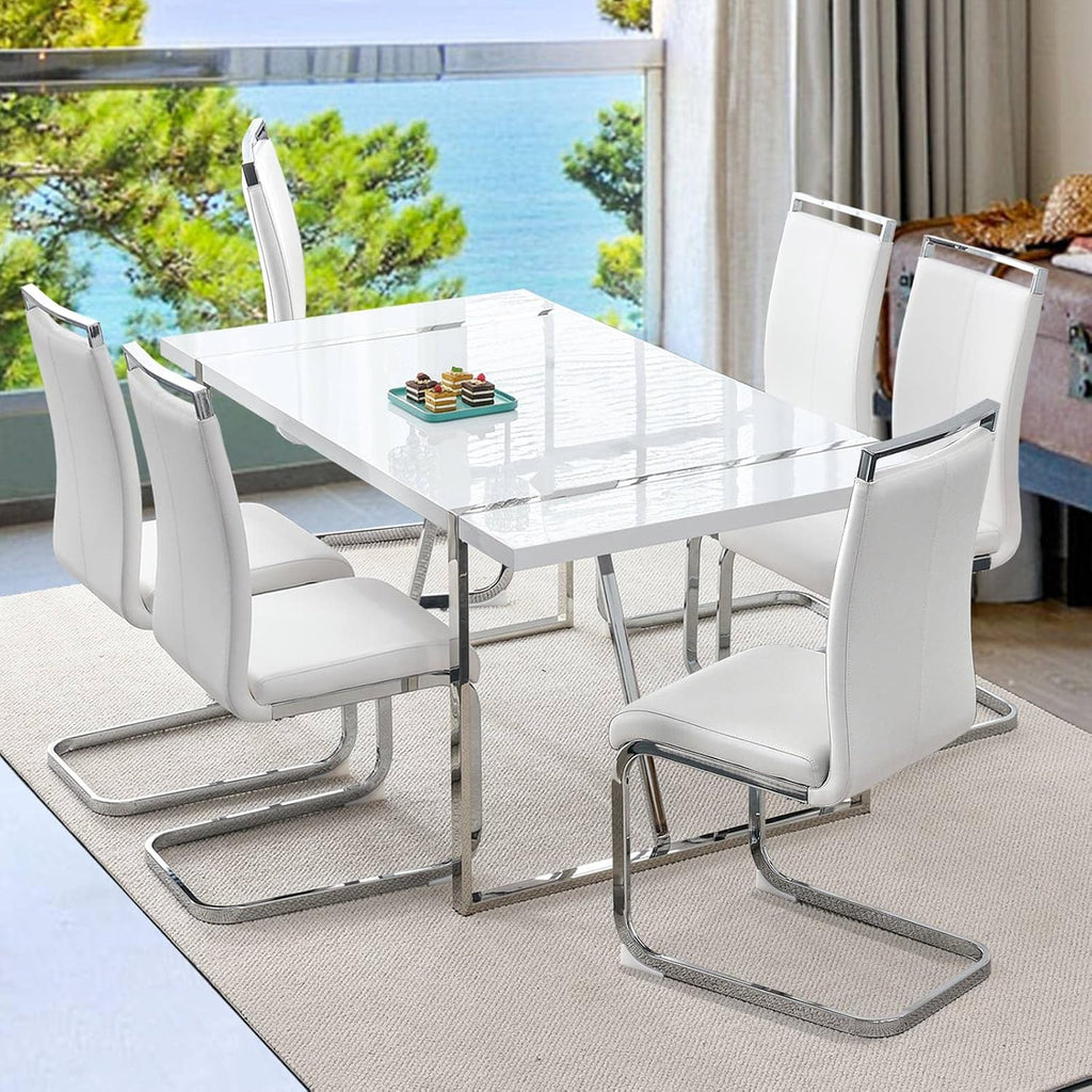 Ebullient Dining Table Set for 6，White Rectangular MDF Kitchen Table and Leather Dining Chairs Set of 6, 7 Piece Dining Table Set，Modern Dining Room Table Set 6 with Metal Frame for Kitchen