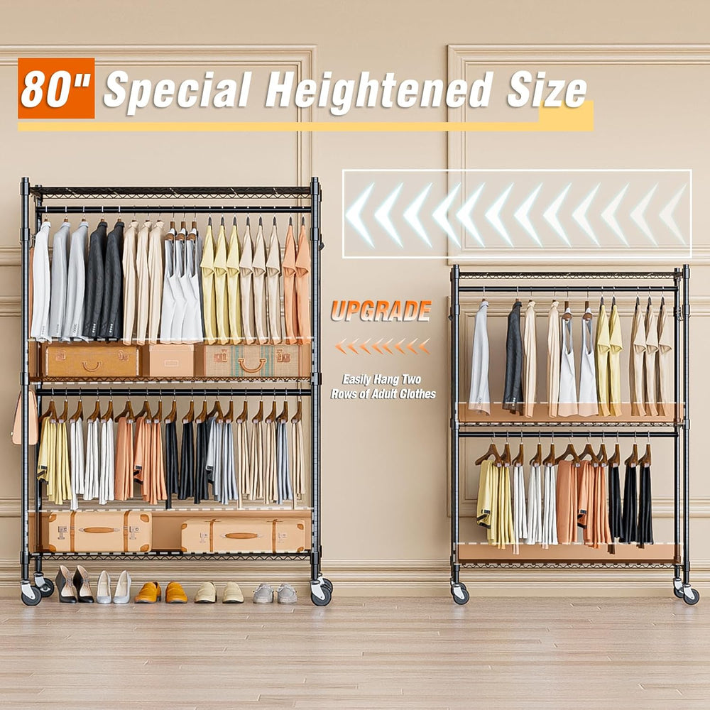 Homdox 3 Tier Heavy Duty Garment Rack with Wheels, Adjustable Wire Clothes Ra...