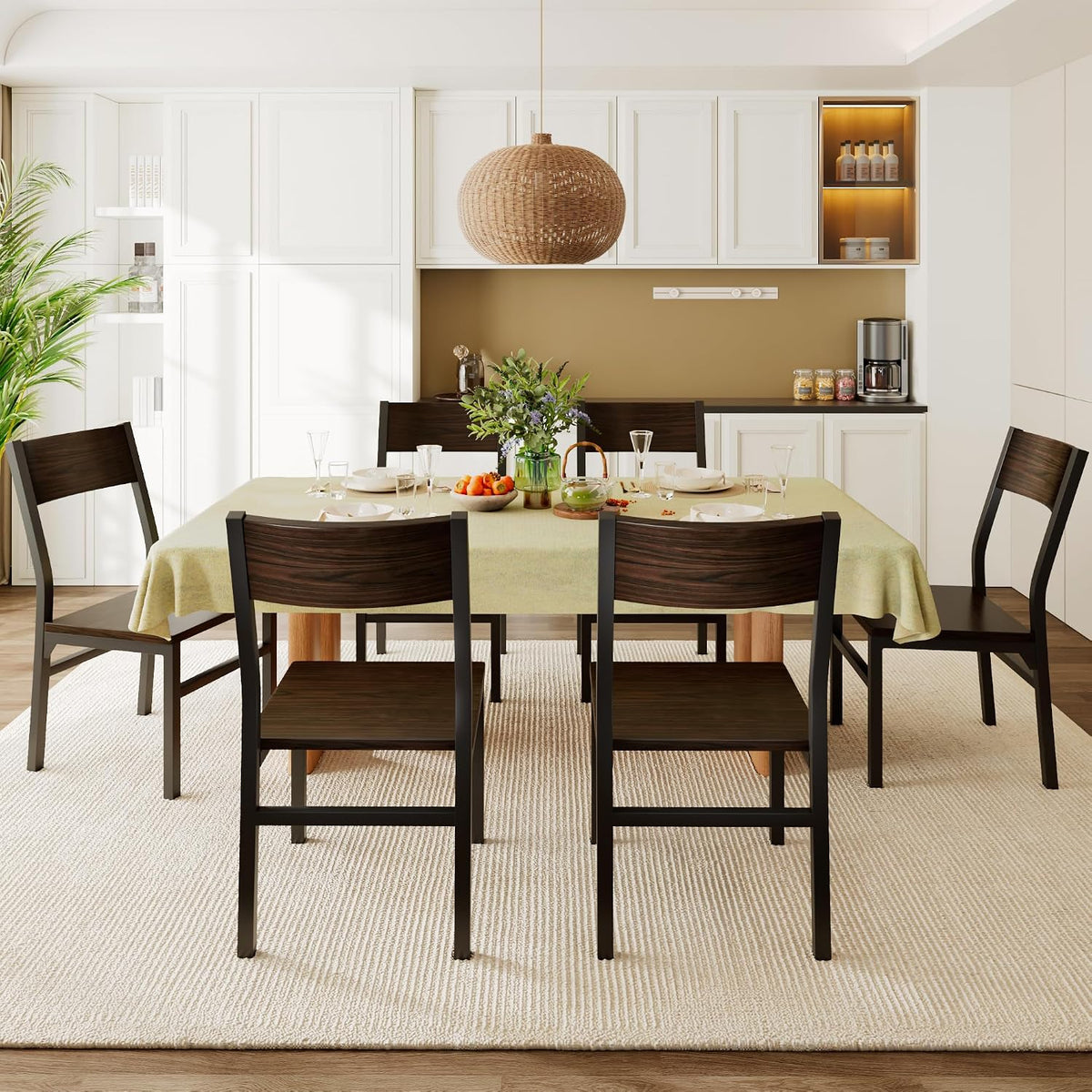 Feonase Dining Chairs Set of 6, Modern Kitchen Chairs with Ergonomic Backrest, MDF Board and Metal Legs, Dinner Chairs for Dining Room, Kitchen and Living Room, Espresso