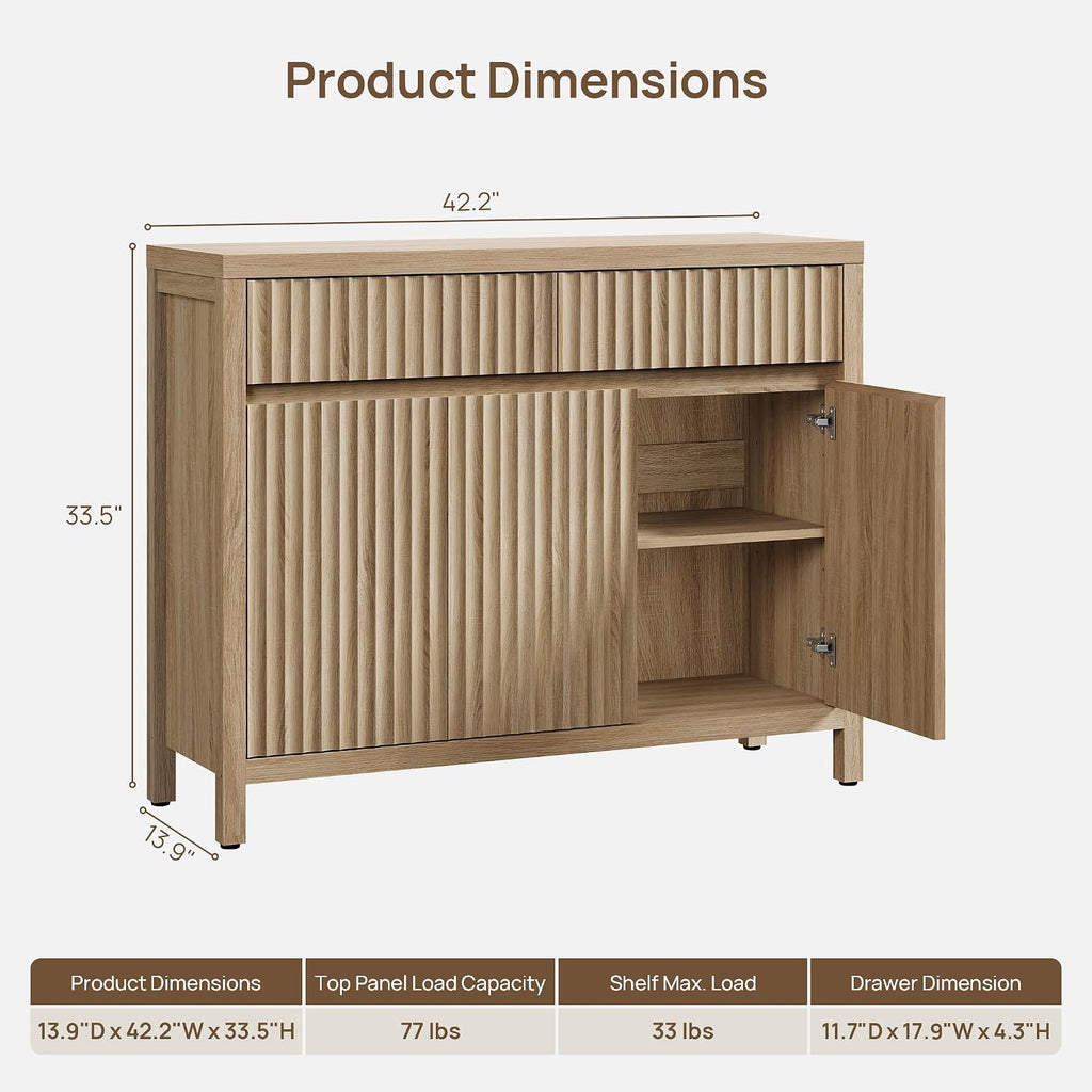 SICOTAS 42" Fluted Sideboard Buffet Cabinet with 2 Drawers & 3 Doors, 1 PCS