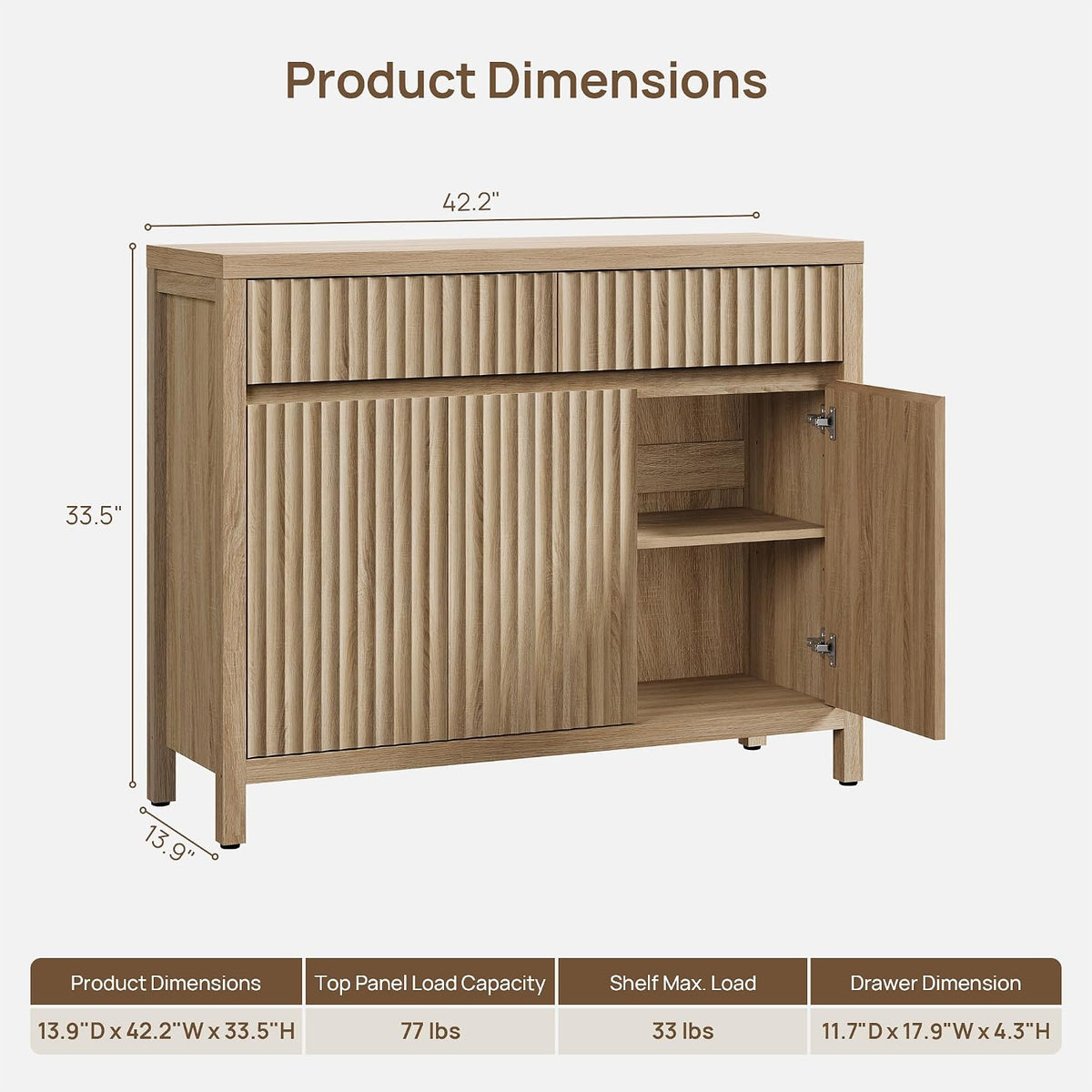 SICOTAS 42" Fluted Sideboard Buffet Cabinet with 2 Drawers & 3 Doors, 1 PCS