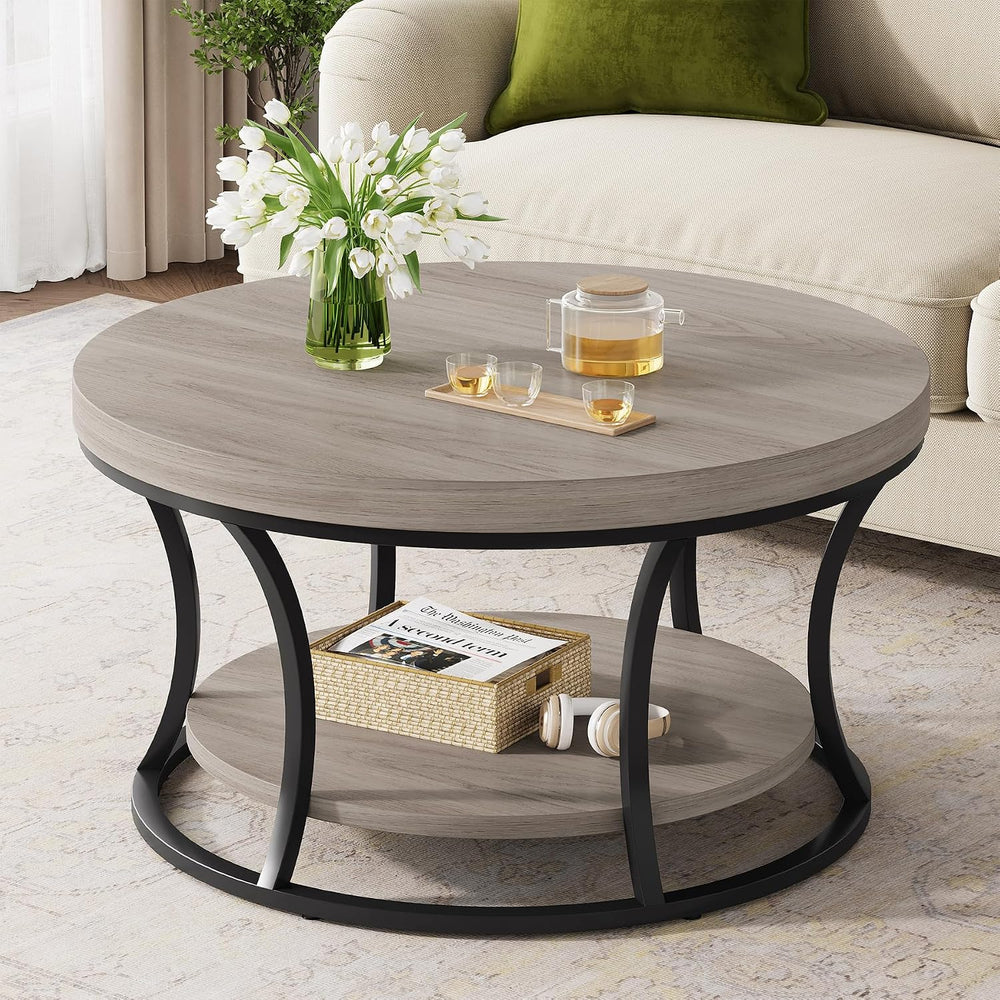 Round Coffee Table with Storage, Gray Brown/Black