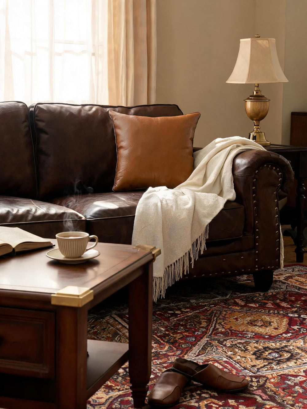 Brown Faux Leather Pillow Covers 18in Set of 2, Water-Resistant Crazy Horse
