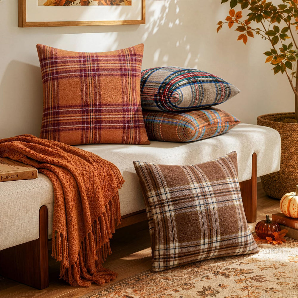 MIULEE Fall Plaid Decorative Pillow Covers Set of 2 18x18 Orange