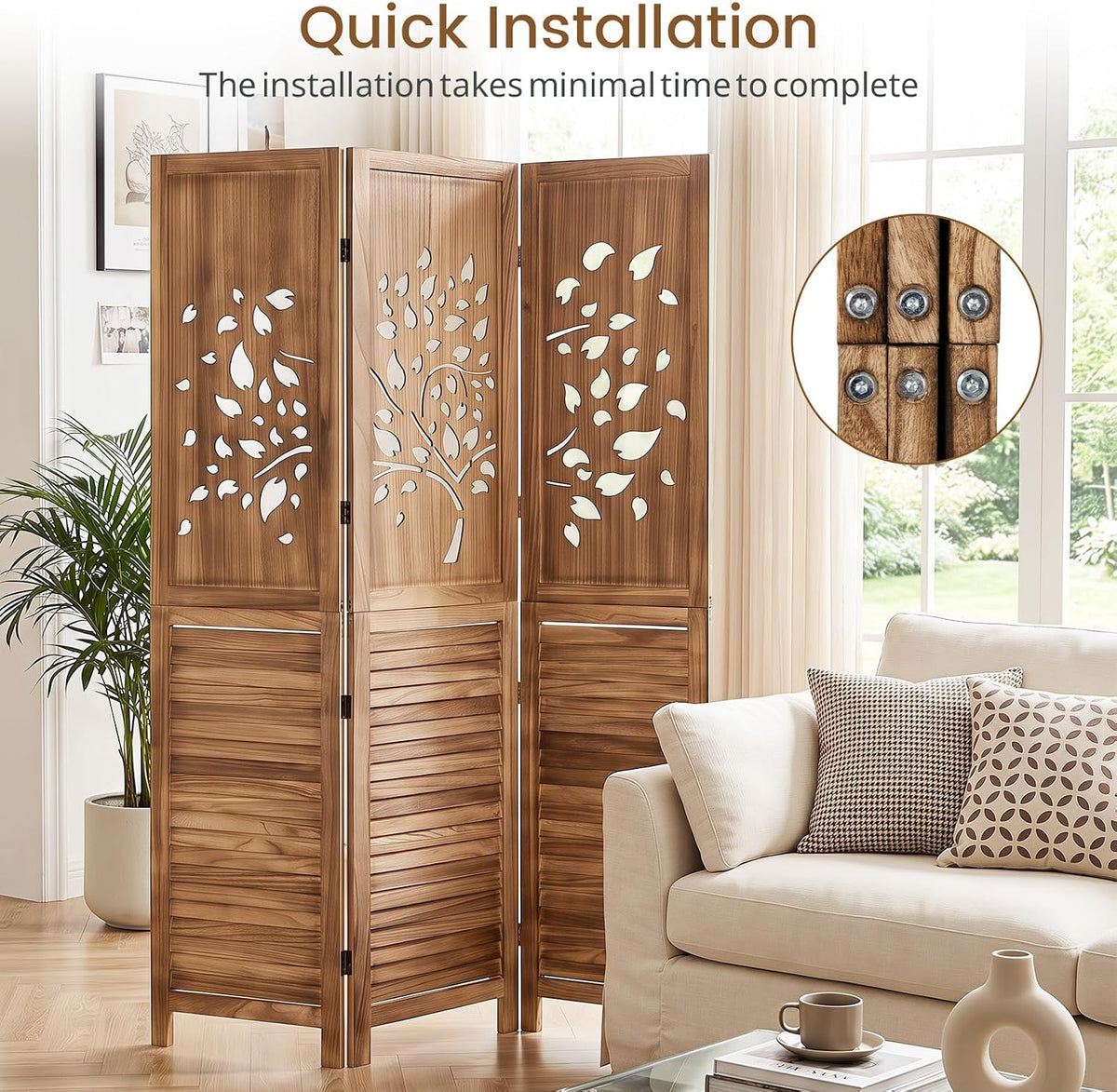 GIANTEX 3 Panel Folding Room Divider with Tree Leaf Cutout & Louvered Slats