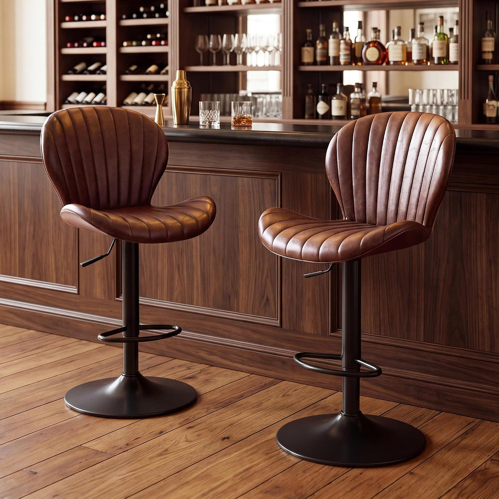 LIVELYGLOW Bar Stools Set of 2, PU Leather Chairs for Kitchen Red Brown