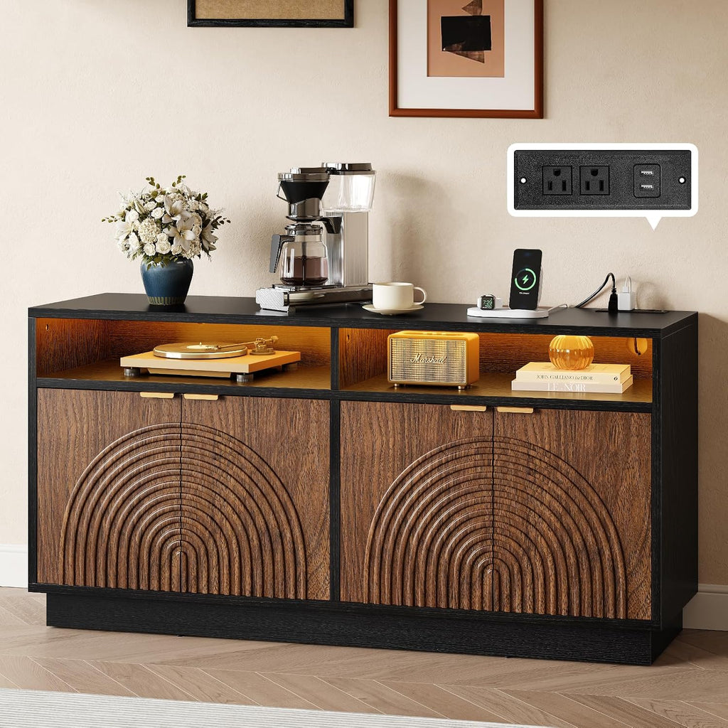 Modern Sideboard Buffet Cabinet with Storage - 58" Fluted Coffee Bar Cabinet with LED Light & Power Outlet, Adjustable Shelf, Credenza Strorage Cabinet, Accent Console for Kitchen Living Room