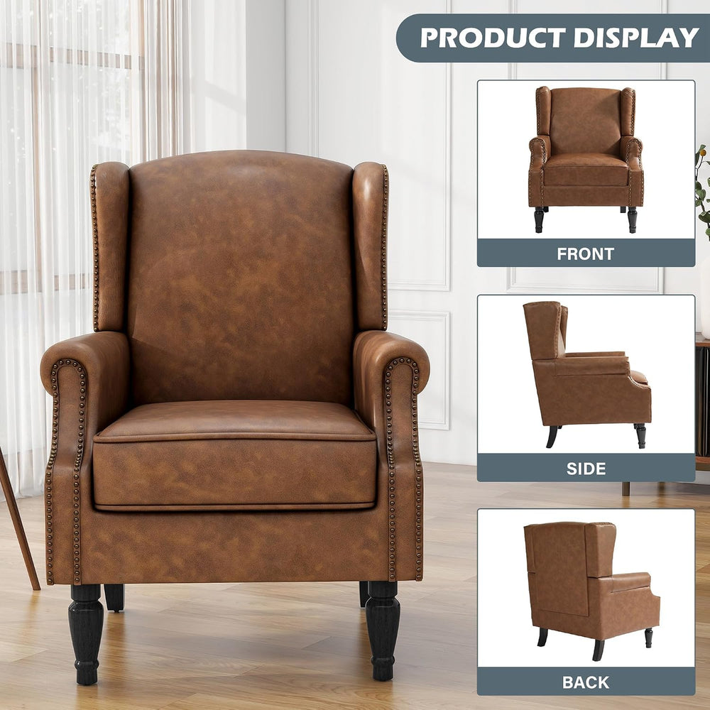 High Back Accent Chairs Set of 2, PU Leather Wingback Armchair, Brown