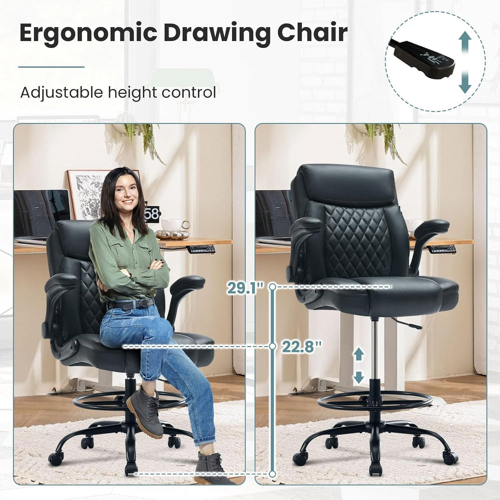 Leather Drafting Chair for Standing Desk, Tall Office Chair with Foot Ring