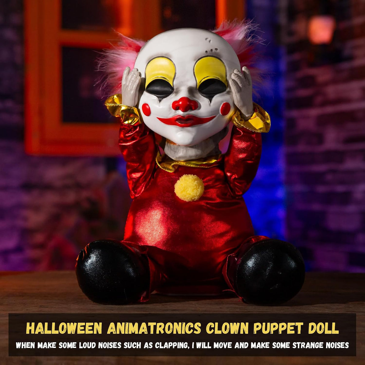 Halloween Animatronic Face Ripping Clown Decorations, Sound Activated Demonic Clown Figure with Flip-Up Skull, Creepy Voice Circus Prop for Indoor Outdoor Haunted House Yard Party Table Decor