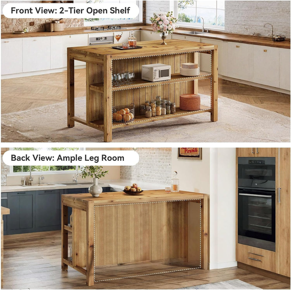59" Solid Wood Kitchen Island with Open Storage Shelves