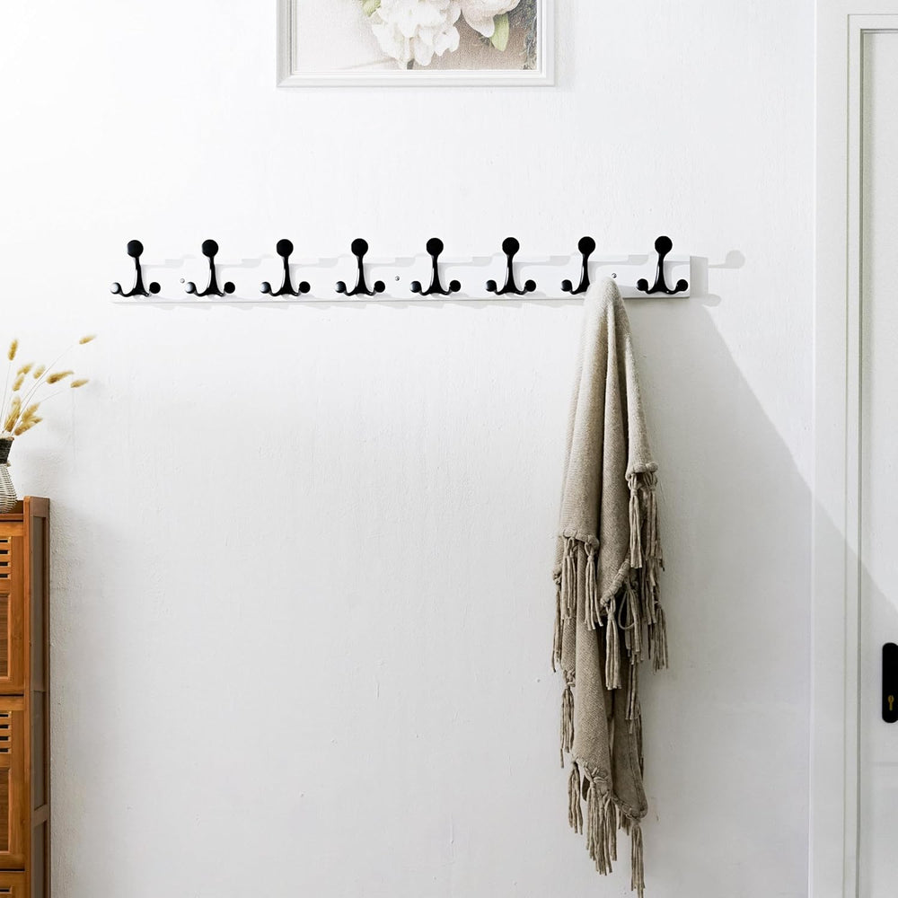 SKOLOO 43-Inch White Wood Coat Rack Wall Mount with 8 Triple Hooks - Ideal fo...