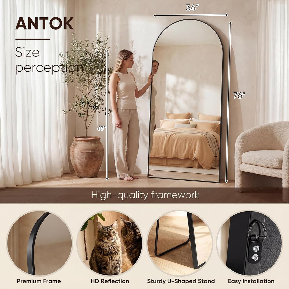 Antok 76" x34” Arched Full Length Mirror, Floor Mirror with Stand,Black