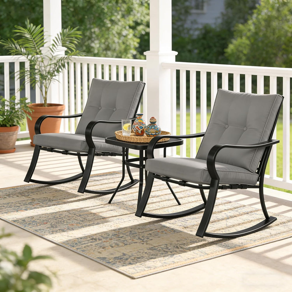 SUNCROWN Outdoor 3-Piece Rocking Chairs Patio Bistro Set Black Steel Furnitur...