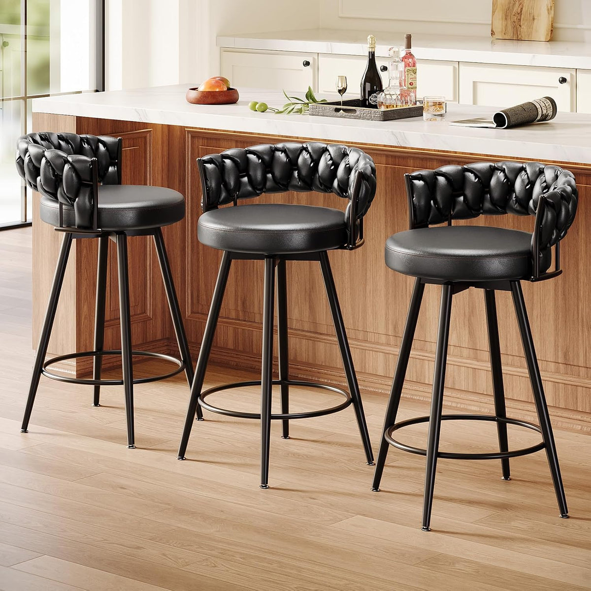 26" Counter Height Bar Stools Set of 3, Premium Faux Leather Barstools