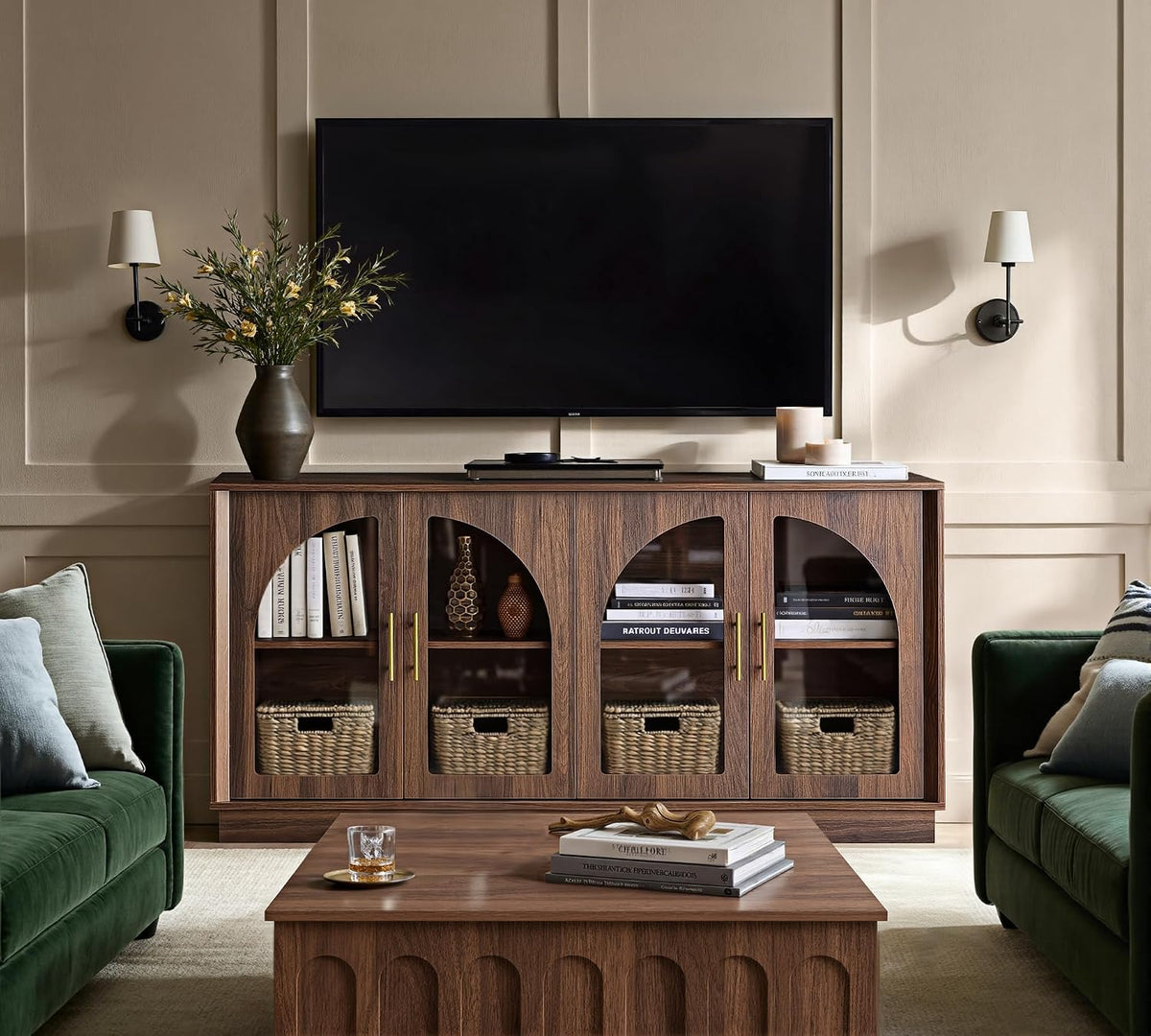 FORTUNETEC 64" Sideboard Buffet Cabinet with Arched Glass Doors,Dark Walnut