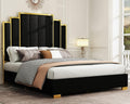 Albott Queen Size Platform Bed Frame, 61.4" Velvet Upholstered Bed with Gold Trim Headboard/Wooden Slats/No Box Spring Needed/Black