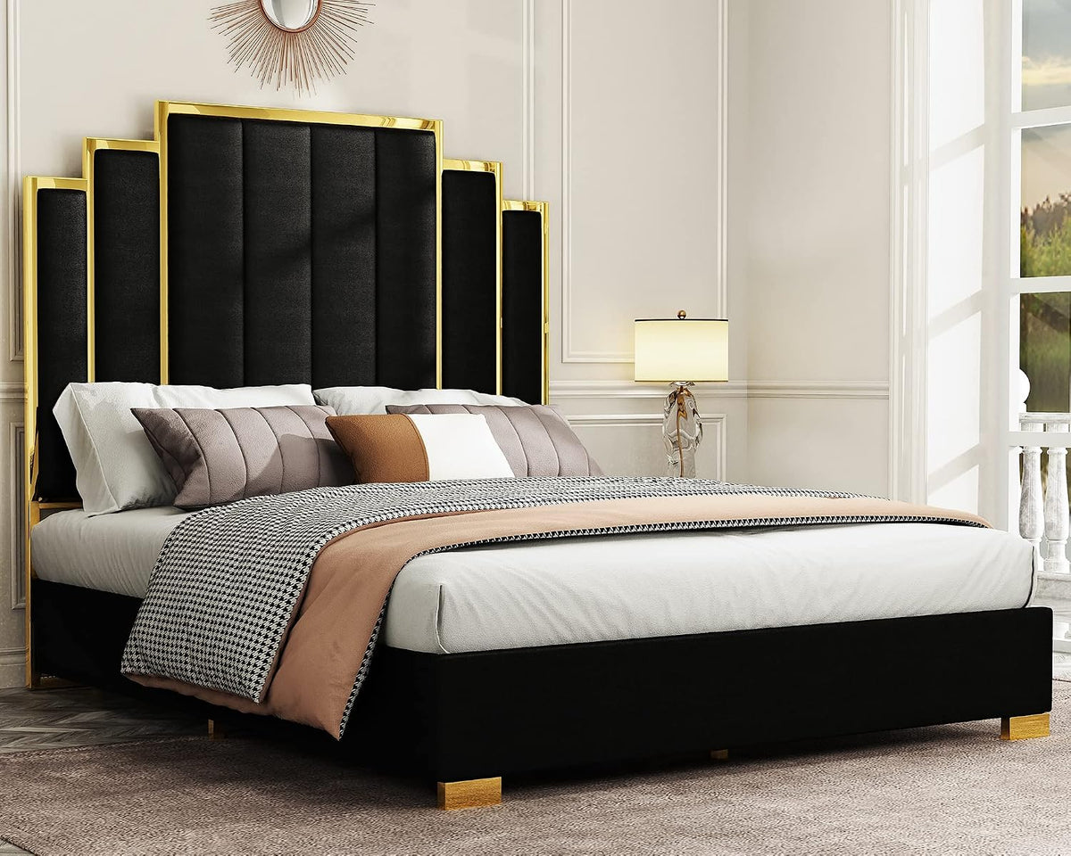Albott Queen Size Platform Bed Frame, 61.4" Velvet Upholstered Bed with Gold Trim Headboard/Wooden Slats/No Box Spring Needed/Black