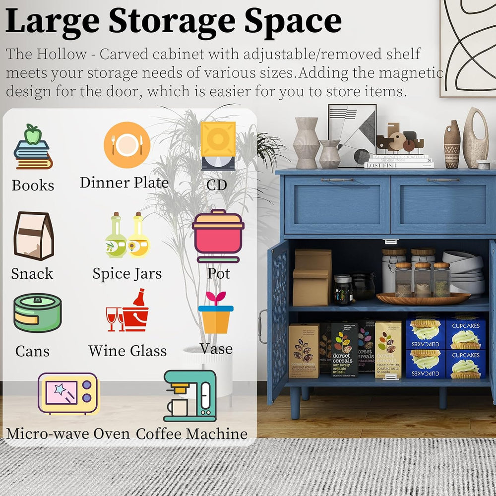 Kitchen Storage Cabinet with Drawers - Accent Cabinet with Carved Door, Floor...