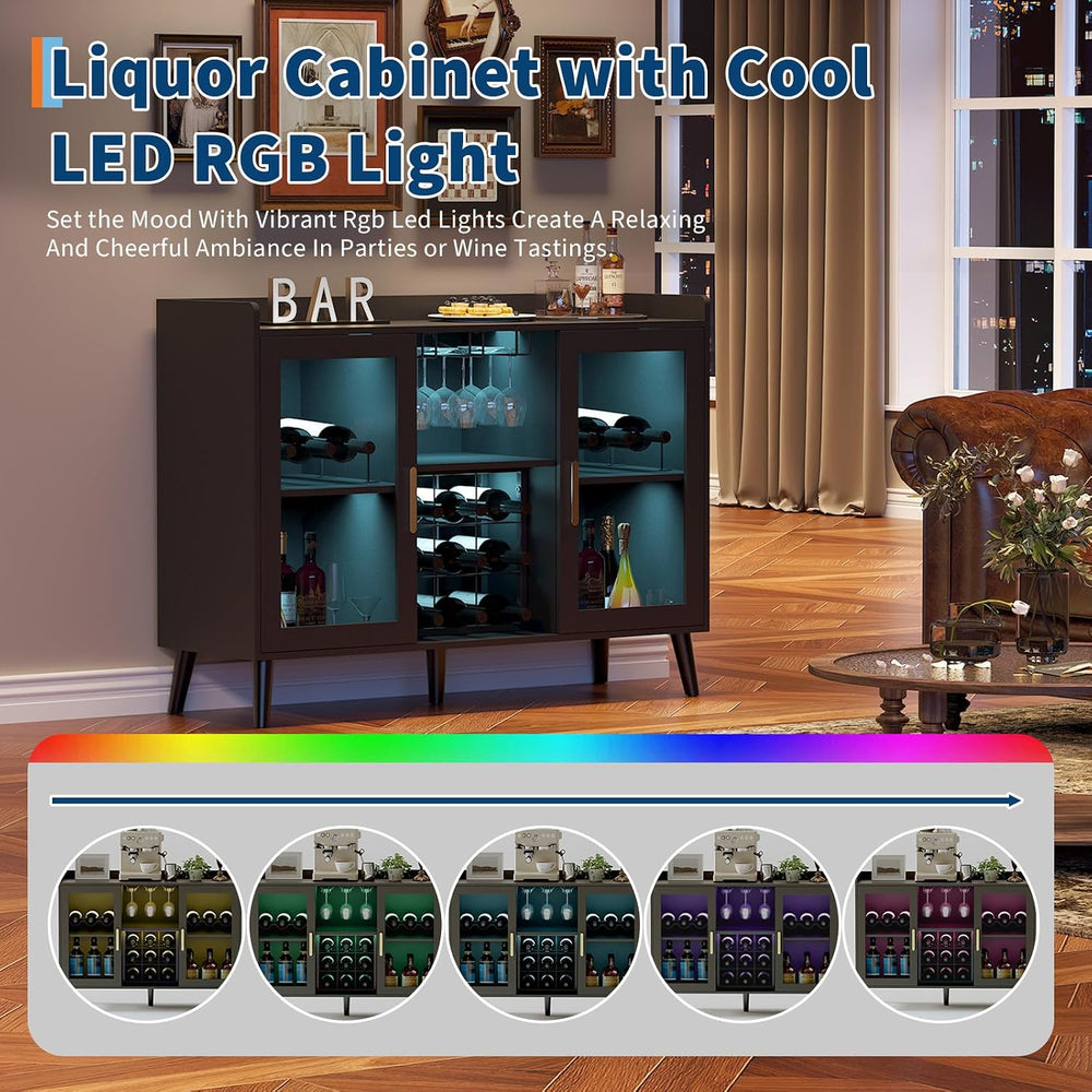 Garvee Modern Wine Bar Cabinet with LED Light, Wood Kitchen Coffee Bar Home L...