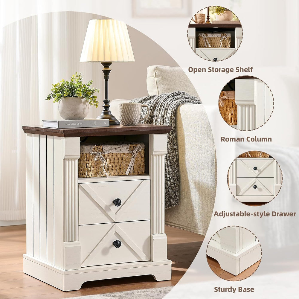BuildHom 18" Farmhouse Nightstand Set of 2 with Charging Station, White