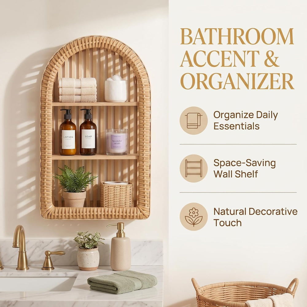 Rattan Wall Shelf - 3 Tier Boho Arched Wicker Hanging Shelves