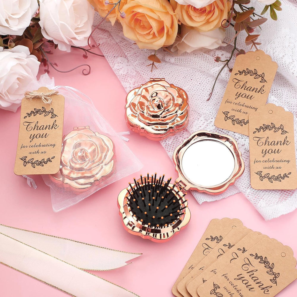 24 Sets Rose Compact Mirrors with Brush Bulk,Rose Gold
